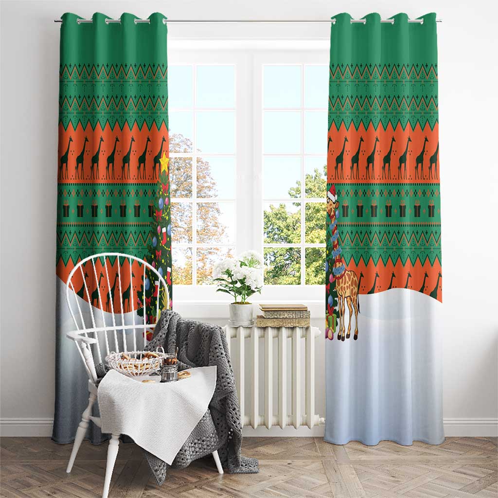 Giraffes Decorating Tree Gifts Window Curtain with Orange Green Holiday Pattern Design - Wonder Print Shop