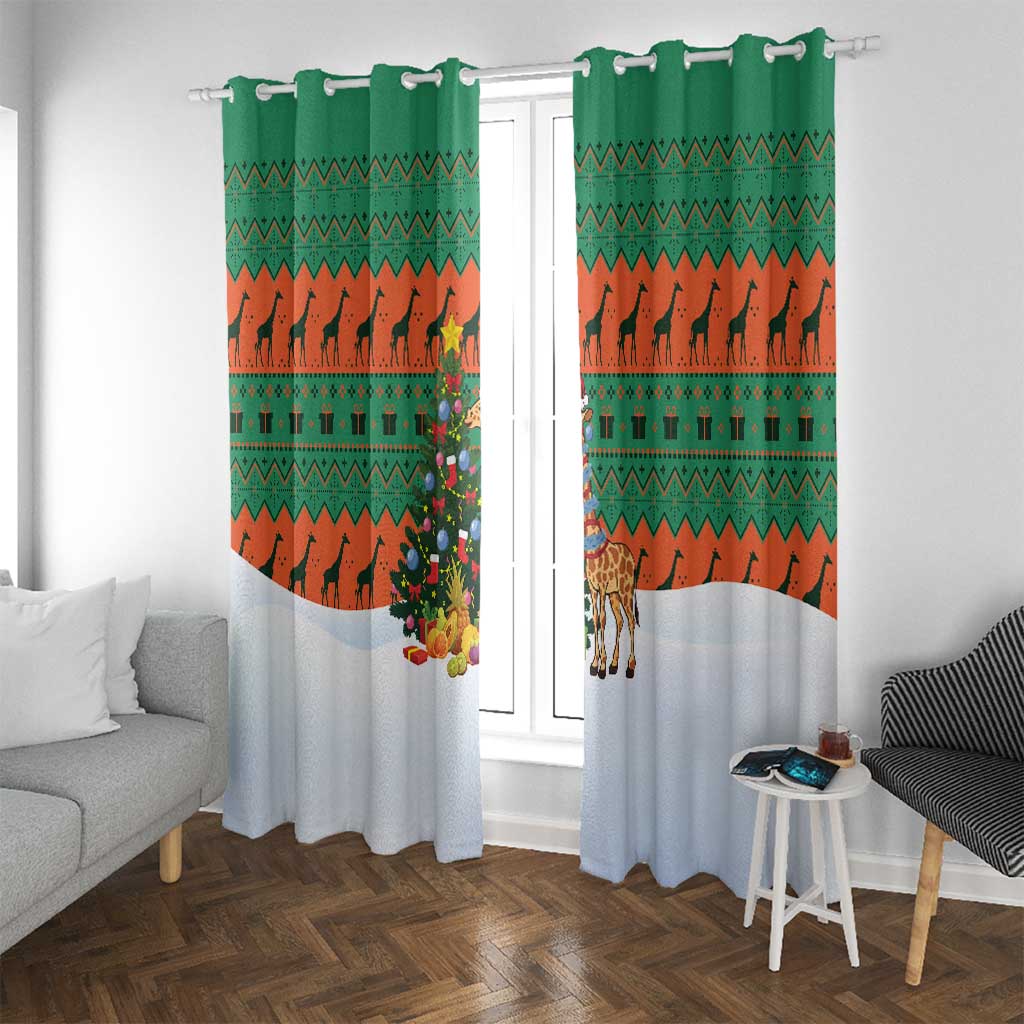 Giraffes Decorating Tree Gifts Window Curtain with Orange Green Holiday Pattern Design - Wonder Print Shop