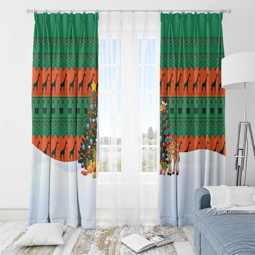 Giraffes Decorating Tree Gifts Window Curtain with Orange Green Holiday Pattern Design - Wonder Print Shop