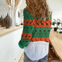 Giraffes Decorating Tree Gifts Women Casual Shirt with Orange Green Holiday Pattern Design - Wonder Print Shop