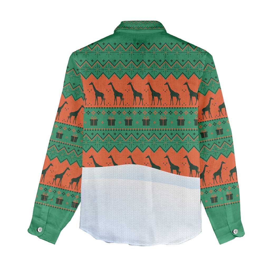 Giraffes Decorating Tree Gifts Women Casual Shirt with Orange Green Holiday Pattern Design - Wonder Print Shop