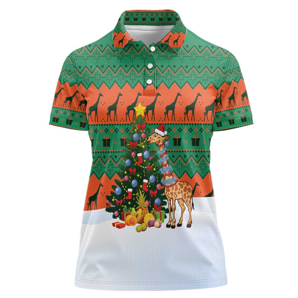 Giraffes Decorating Tree Gifts Women Polo Shirt with Orange Green Holiday Pattern Design - Wonder Print Shop