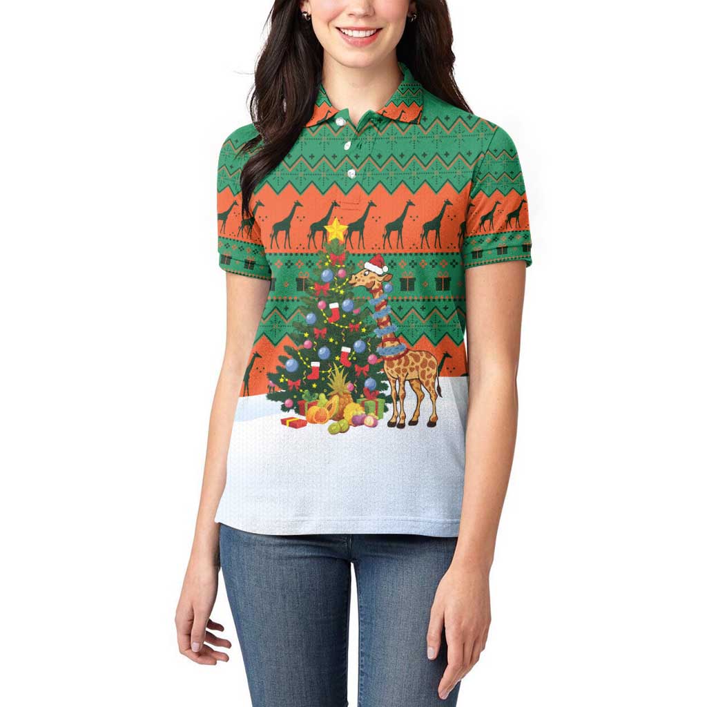 Giraffes Decorating Tree Gifts Women Polo Shirt with Orange Green Holiday Pattern Design - Wonder Print Shop