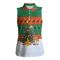 Giraffes Decorating Tree Gifts Women Sleeveless Polo Shirt with Orange Green Holiday Pattern Design - Wonder Print Shop