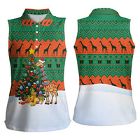 Giraffes Decorating Tree Gifts Women Sleeveless Polo Shirt with Orange Green Holiday Pattern Design - Wonder Print Shop