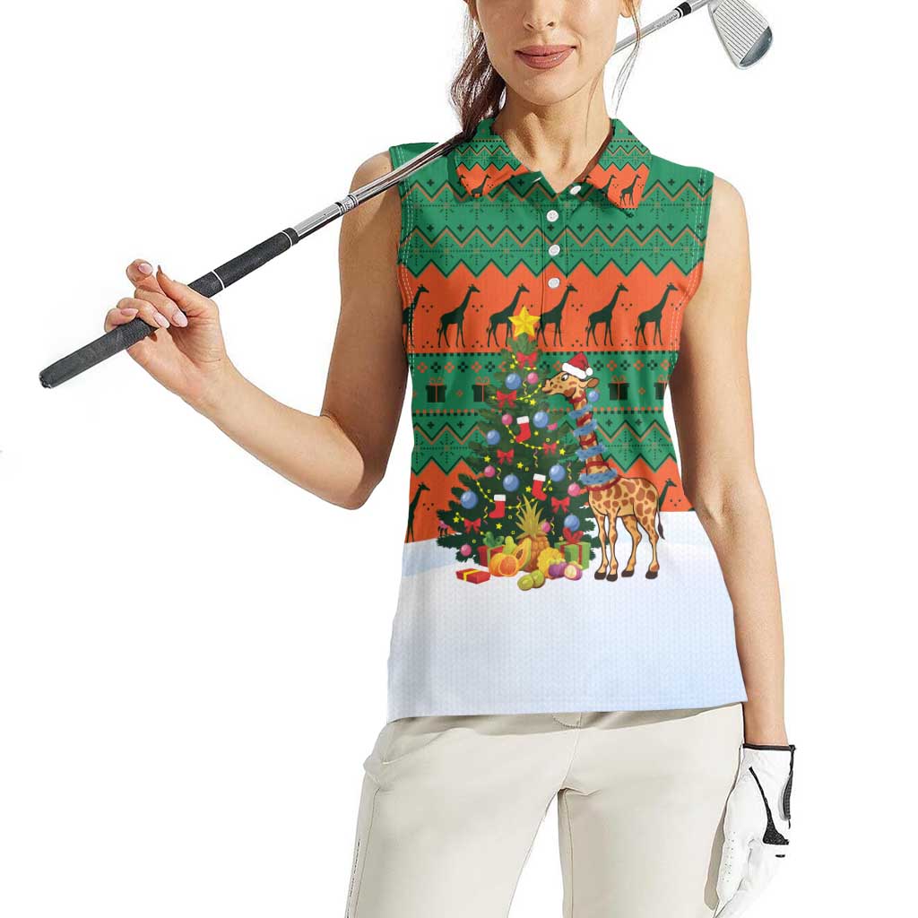 Giraffes Decorating Tree Gifts Women Sleeveless Polo Shirt with Orange Green Holiday Pattern Design - Wonder Print Shop