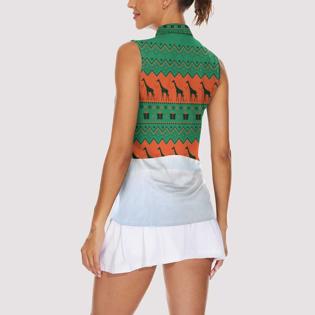 Giraffes Decorating Tree Gifts Women Sleeveless Polo Shirt with Orange Green Holiday Pattern Design - Wonder Print Shop