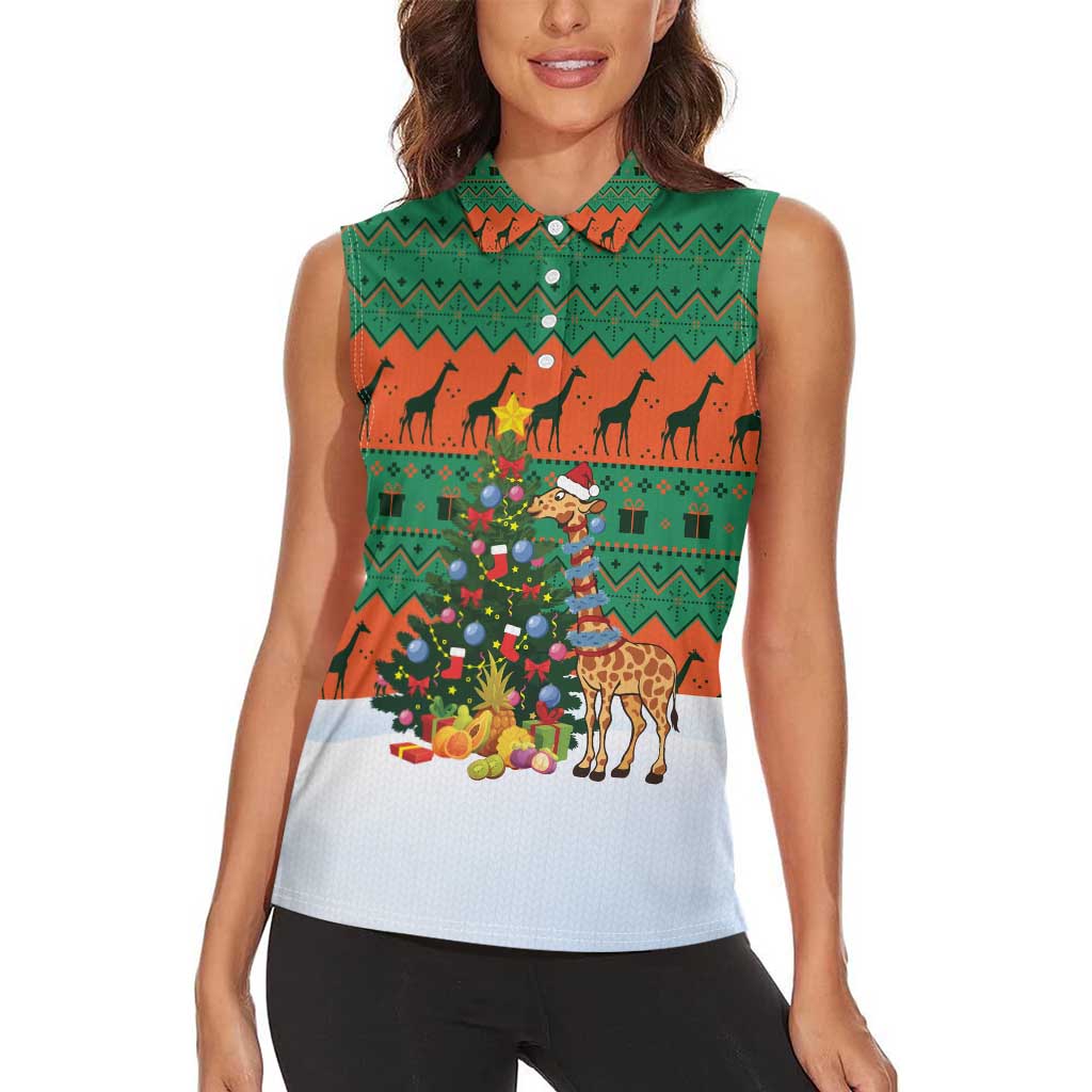 Giraffes Decorating Tree Gifts Women Sleeveless Polo Shirt with Orange Green Holiday Pattern Design - Wonder Print Shop