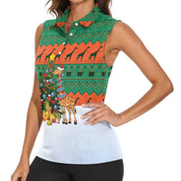 Giraffes Decorating Tree Gifts Women Sleeveless Polo Shirt with Orange Green Holiday Pattern Design - Wonder Print Shop
