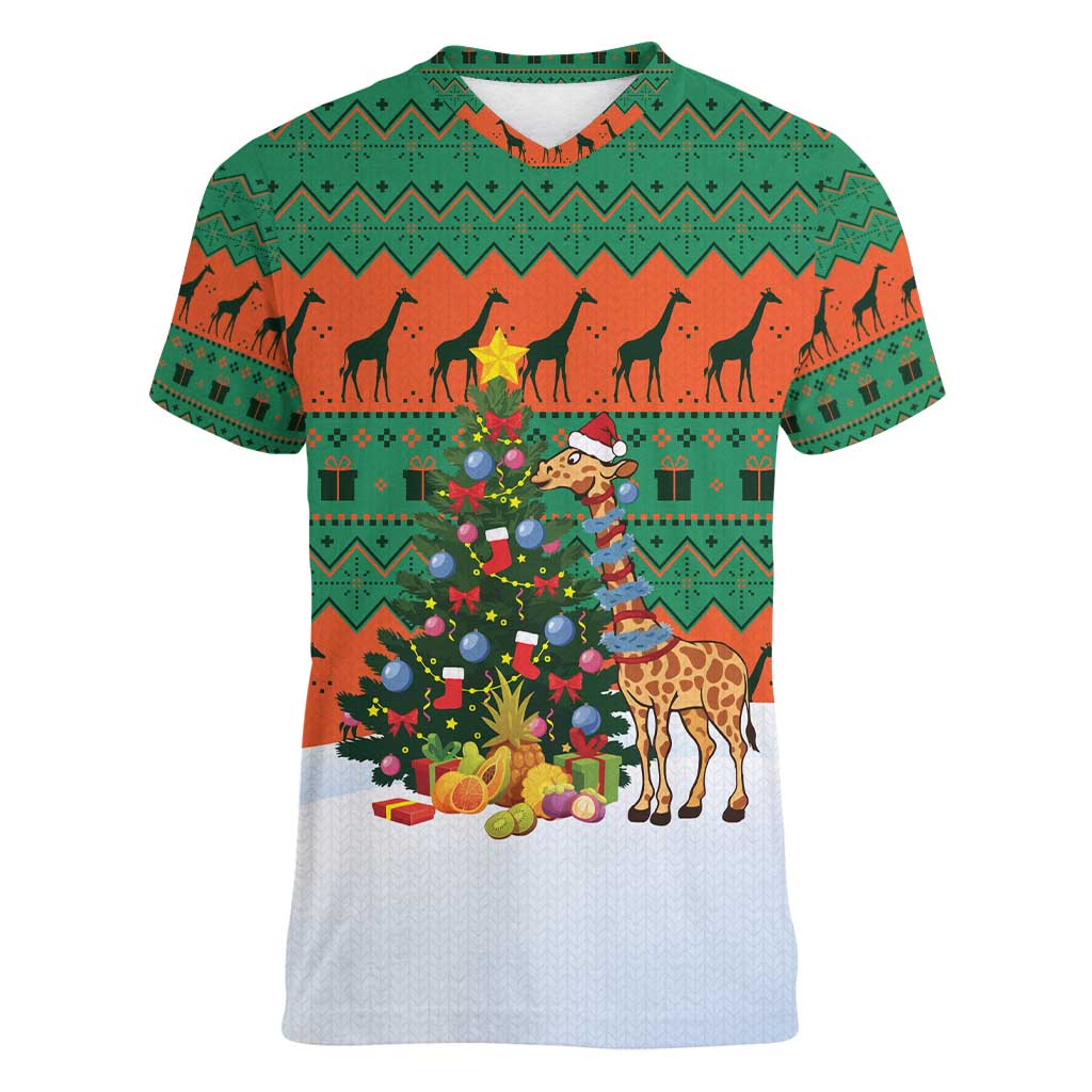 Giraffes Decorating Tree Gifts Women V-Neck T-Shirt with Orange Green Holiday Pattern Design - Wonder Print Shop
