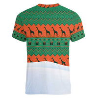 Giraffes Decorating Tree Gifts Women V-Neck T-Shirt with Orange Green Holiday Pattern Design - Wonder Print Shop