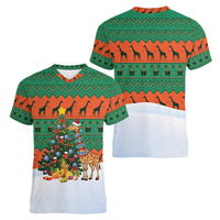 Giraffes Decorating Tree Gifts Women V-Neck T-Shirt with Orange Green Holiday Pattern Design - Wonder Print Shop