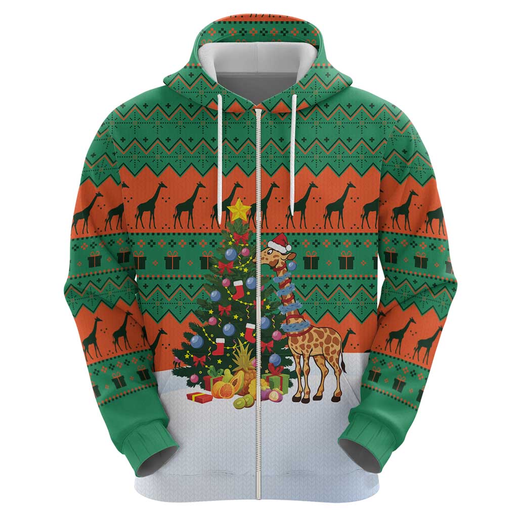Giraffes Decorating Tree Gifts Zip Hoodie with Orange Green Holiday Pattern Design - Wonder Print Shop
