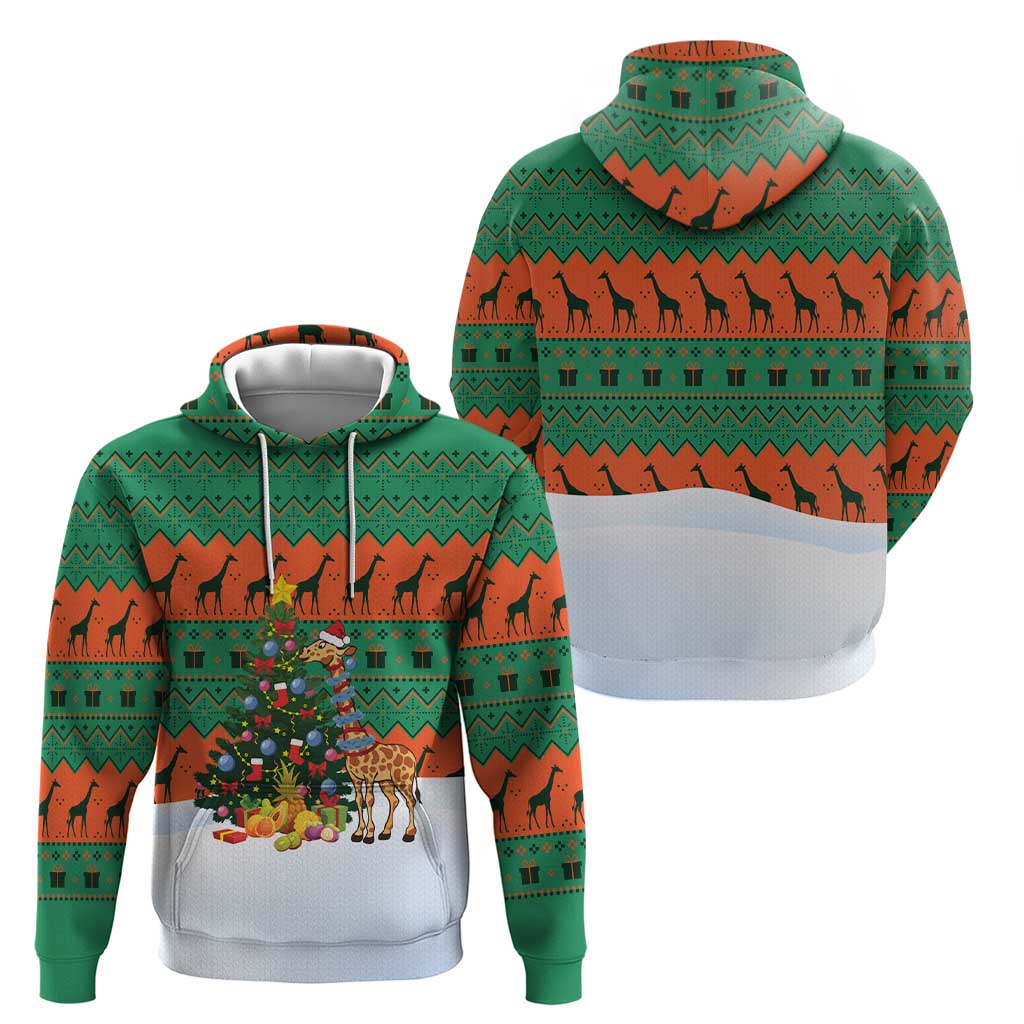 Giraffes Decorating Tree Gifts Zip Hoodie with Orange Green Holiday Pattern Design - Wonder Print Shop