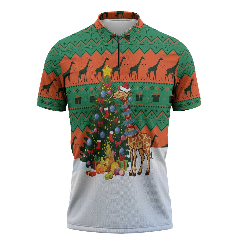 Giraffes Decorating Tree Gifts Zipper Polo Shirt with Orange Green Holiday Pattern Design - Wonder Print Shop