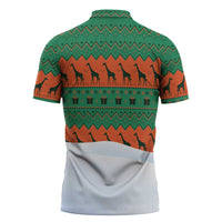 Giraffes Decorating Tree Gifts Zipper Polo Shirt with Orange Green Holiday Pattern Design - Wonder Print Shop