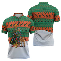 Giraffes Decorating Tree Gifts Zipper Polo Shirt with Orange Green Holiday Pattern Design - Wonder Print Shop