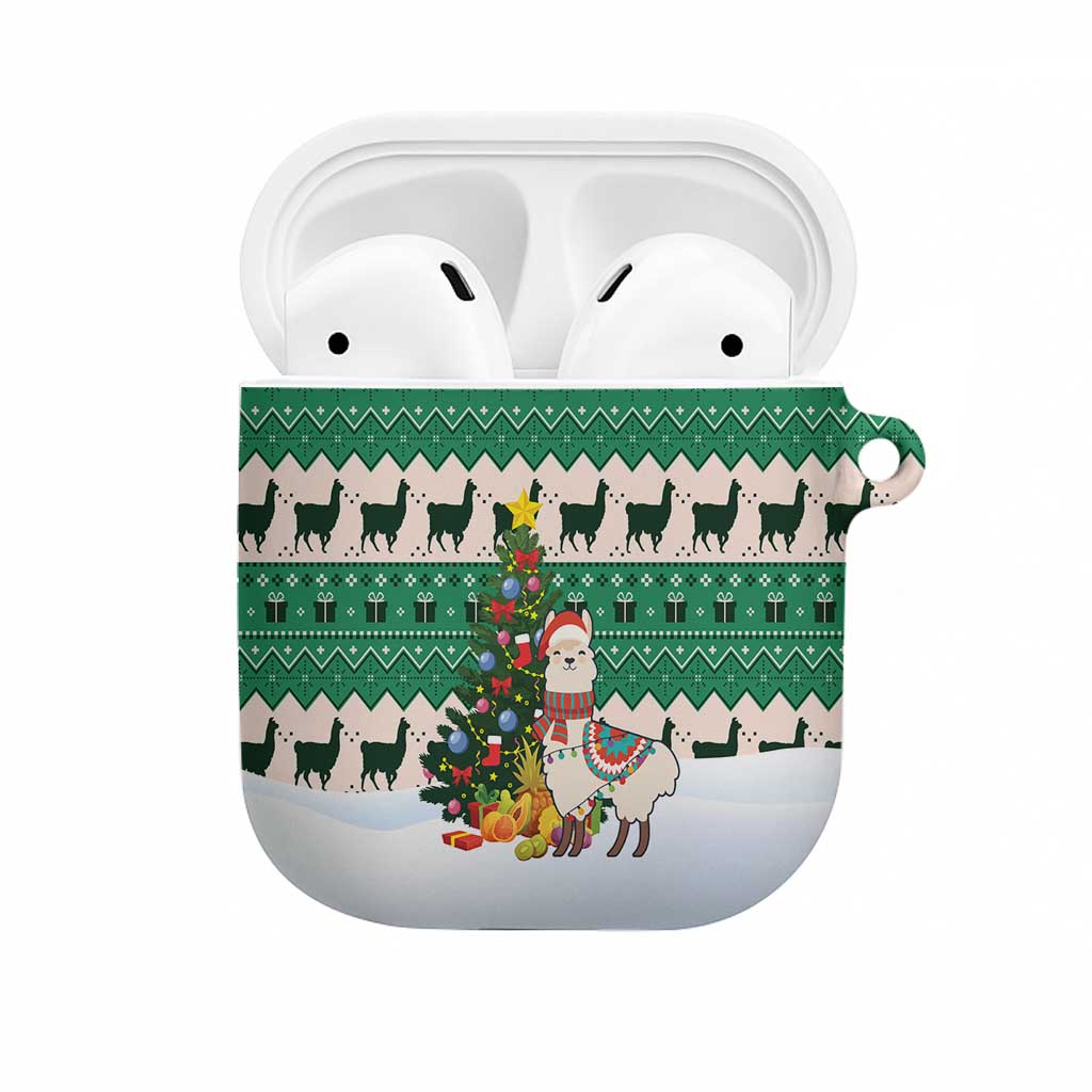 Llama Decorating Tree in Santa Hat AirPods Case with Green Gift Pattern Design - Wonder Print Shop