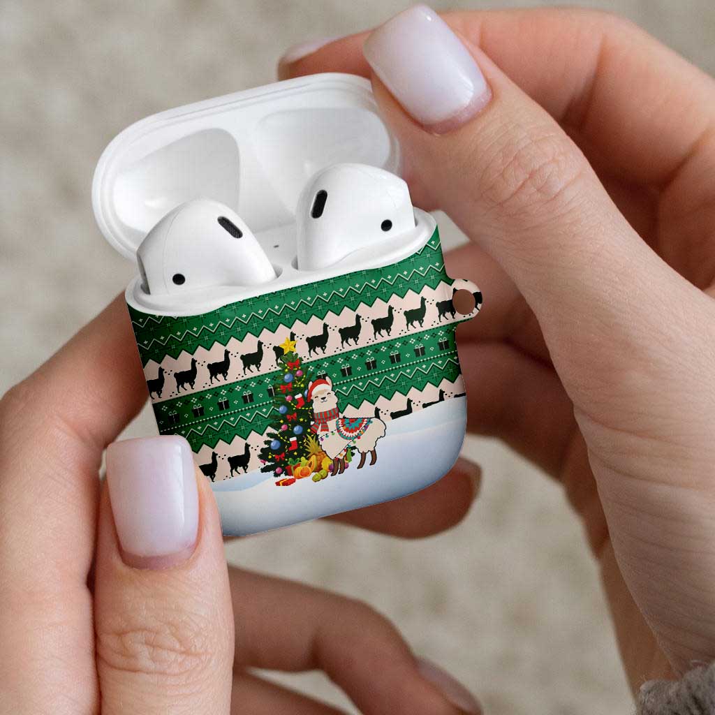 Llama Decorating Tree in Santa Hat AirPods Case with Green Gift Pattern Design - Wonder Print Shop