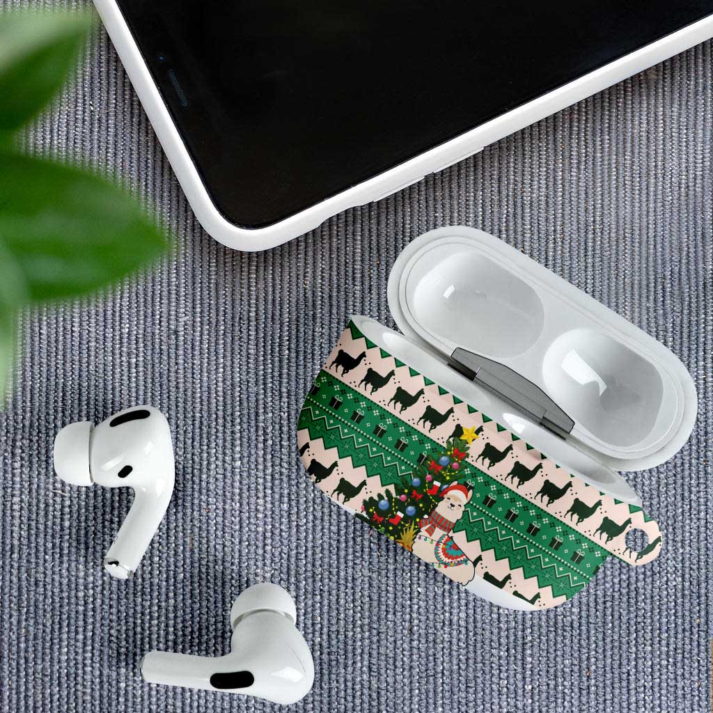 Llama Decorating Tree in Santa Hat AirPods Case with Green Gift Pattern Design - Wonder Print Shop