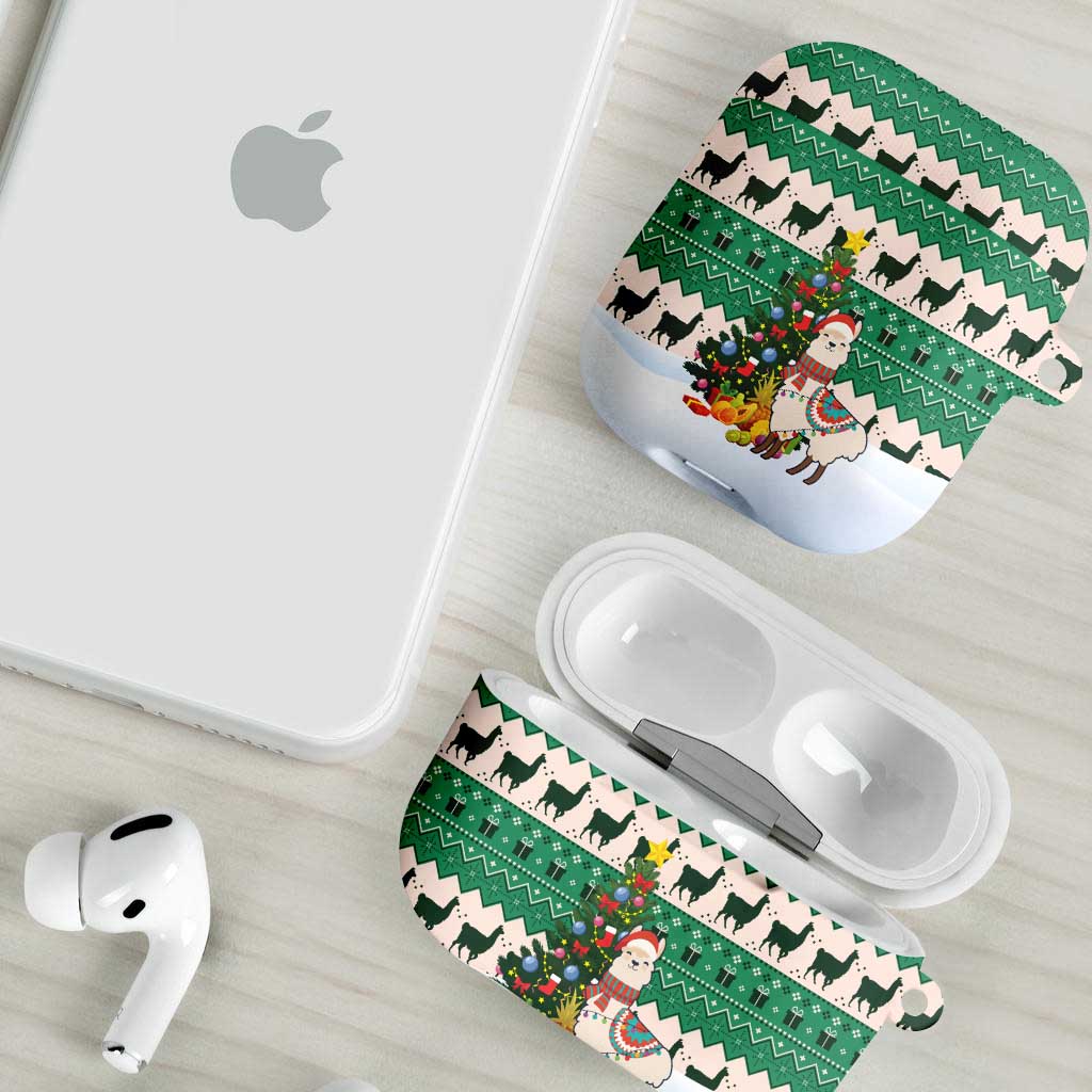 Llama Decorating Tree in Santa Hat AirPods Case with Green Gift Pattern Design - Wonder Print Shop