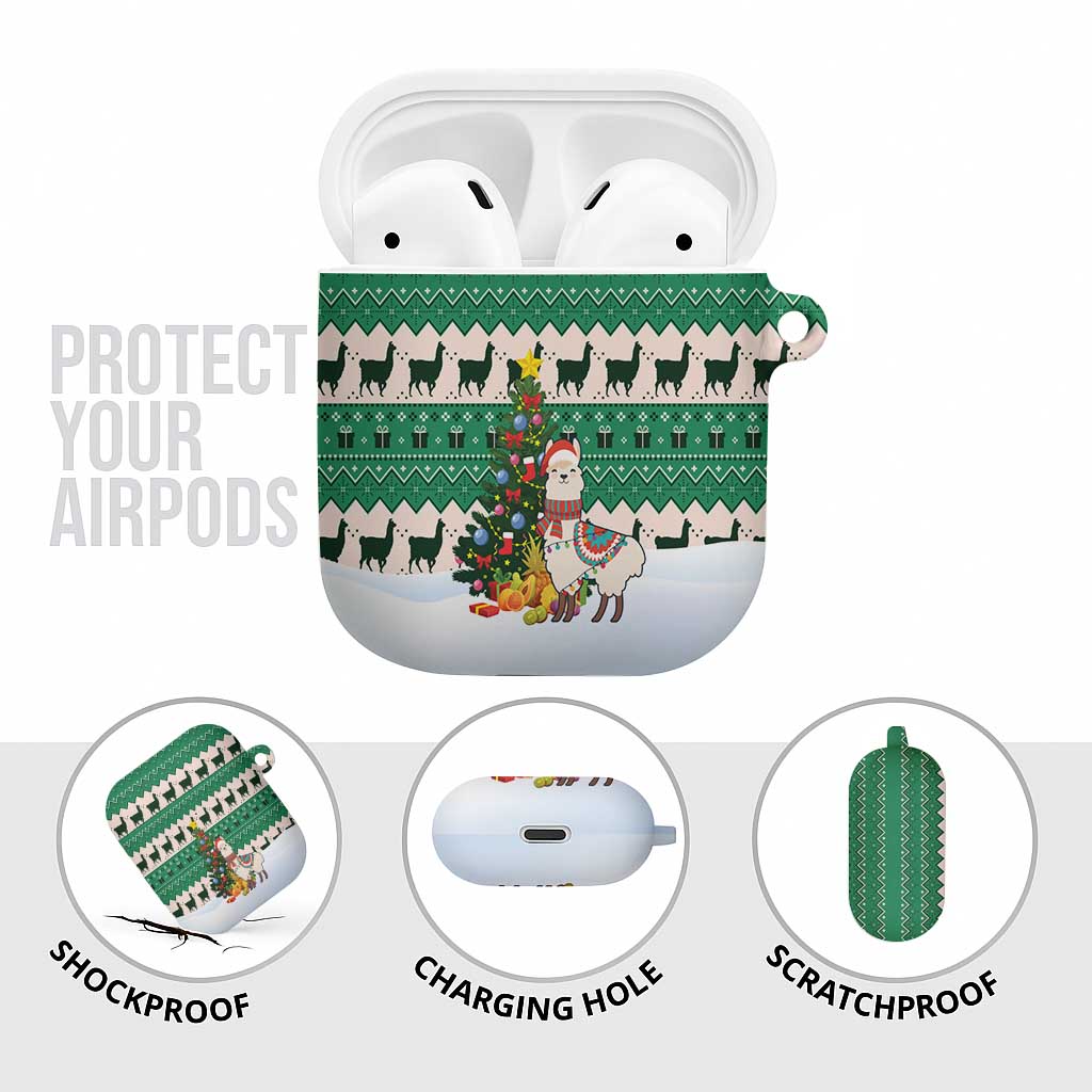 Llama Decorating Tree in Santa Hat AirPods Case with Green Gift Pattern Design - Wonder Print Shop