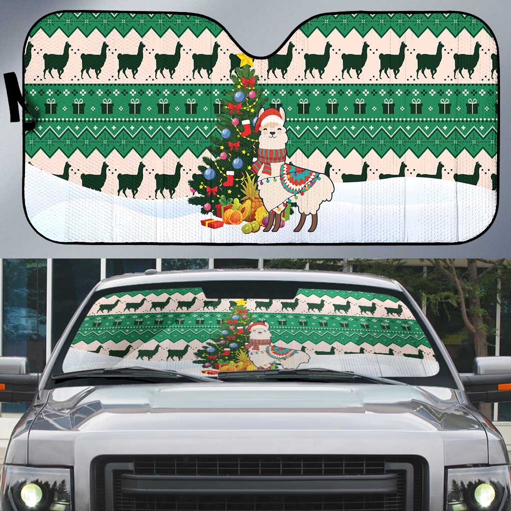 Llama Decorating Tree in Santa Hat Auto Sun Shade with Green Gift Pattern Design - Wonder Print Shop