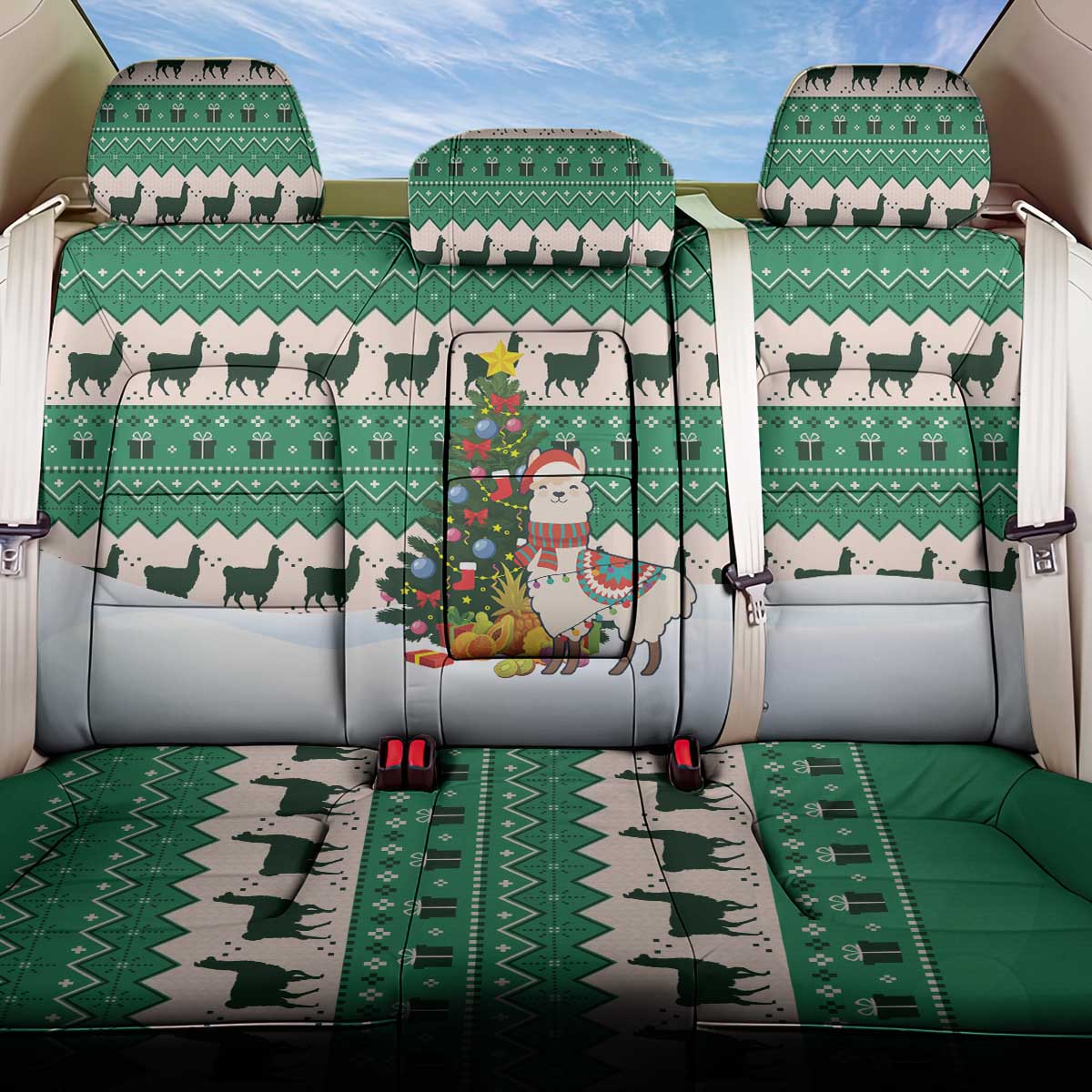 Llama Decorating Tree in Santa Hat Back Car Seat Cover with Green Gift Pattern Design - Wonder Print Shop
