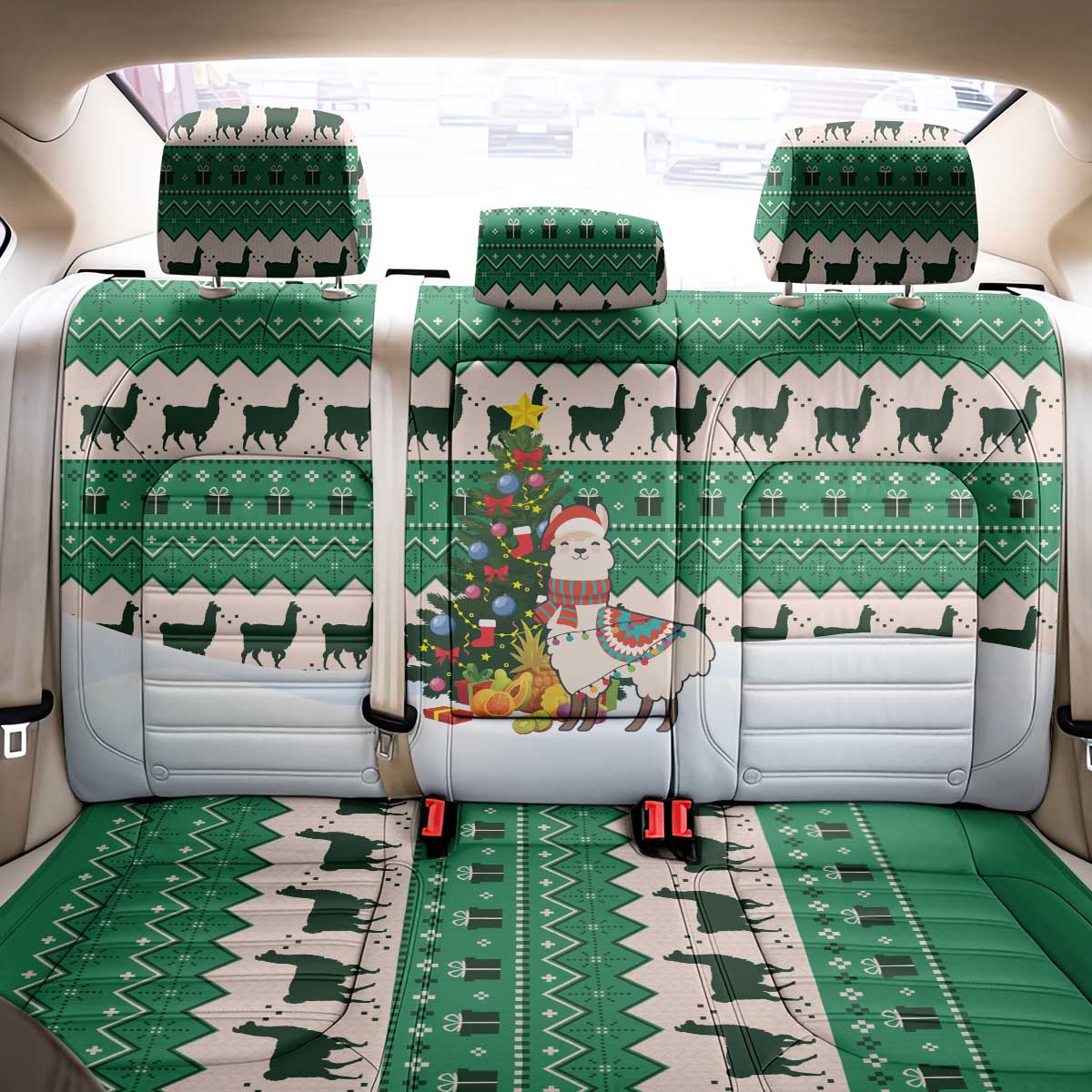 Llama Decorating Tree in Santa Hat Back Car Seat Cover with Green Gift Pattern Design - Wonder Print Shop