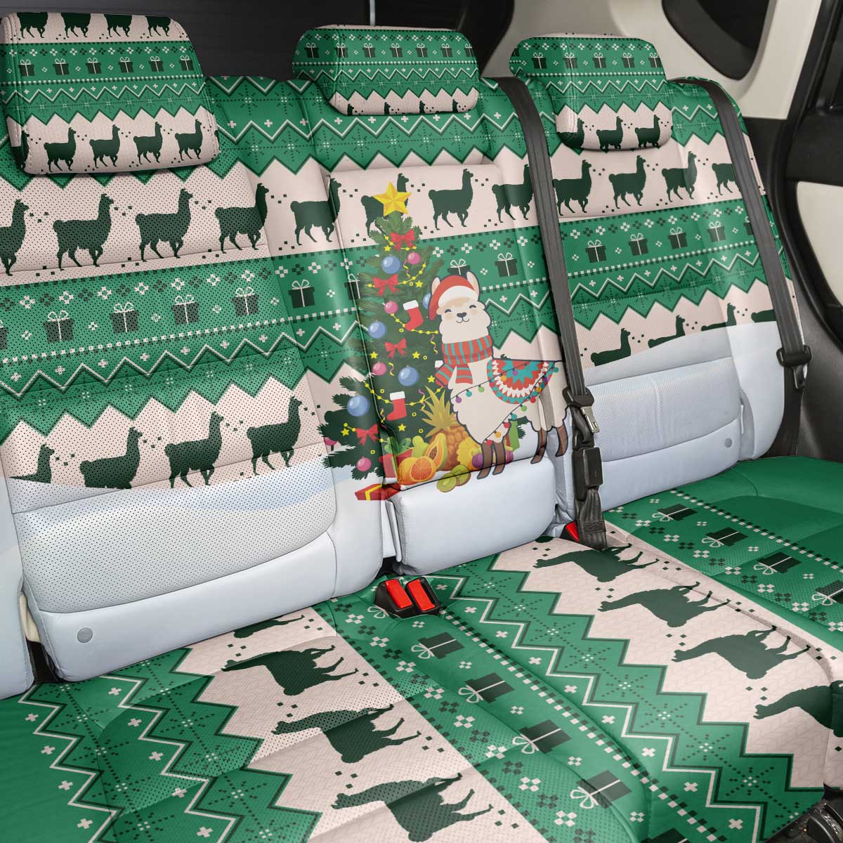 Llama Decorating Tree in Santa Hat Back Car Seat Cover with Green Gift Pattern Design - Wonder Print Shop