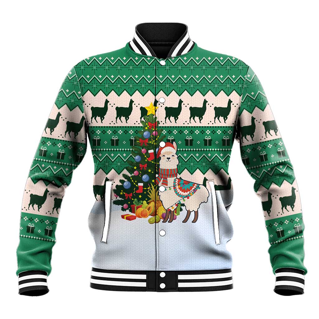 Llama Decorating Tree in Santa Hat Baseball Jacket with Green Gift Pattern Design - Wonder Print Shop