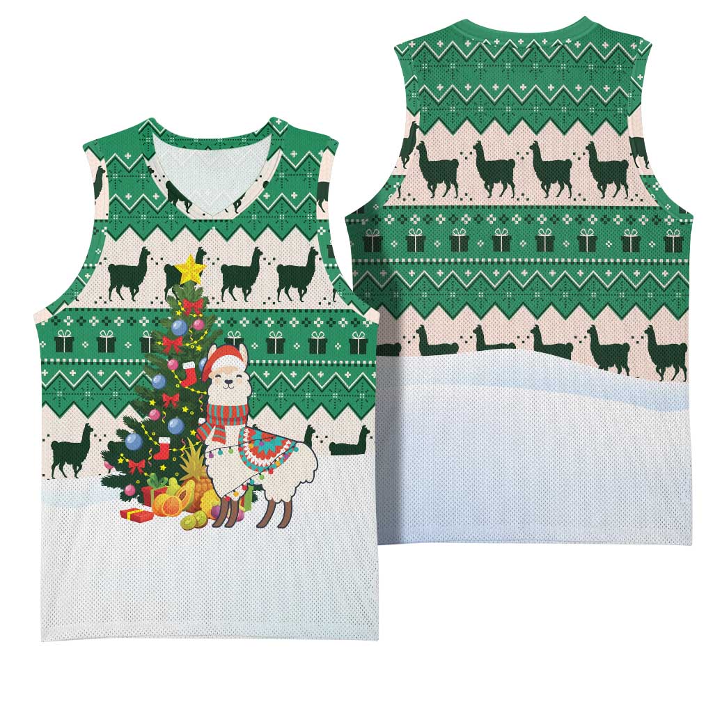 Llama Decorating Tree in Santa Hat Basketball Jersey with Green Gift Pattern Design - Wonder Print Shop