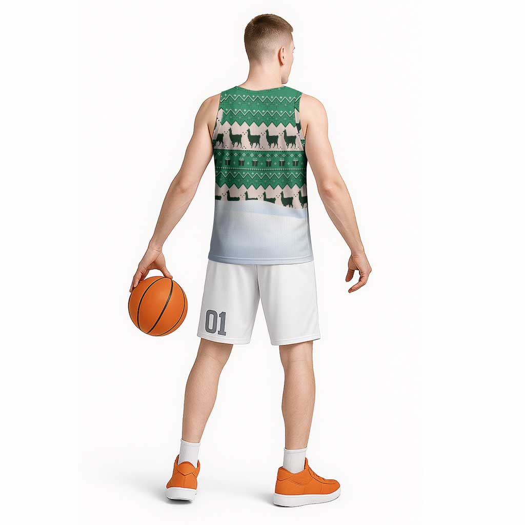 Llama Decorating Tree in Santa Hat Basketball Jersey with Green Gift Pattern Design - Wonder Print Shop