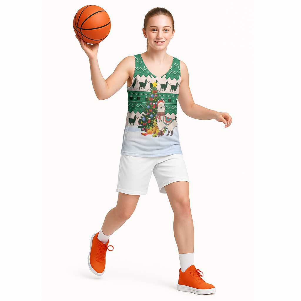 Llama Decorating Tree in Santa Hat Basketball Jersey with Green Gift Pattern Design - Wonder Print Shop