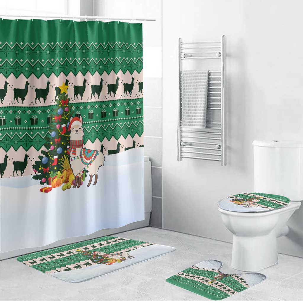 Llama Decorating Tree in Santa Hat Bathroom Set with Green Gift Pattern Design - Wonder Print Shop