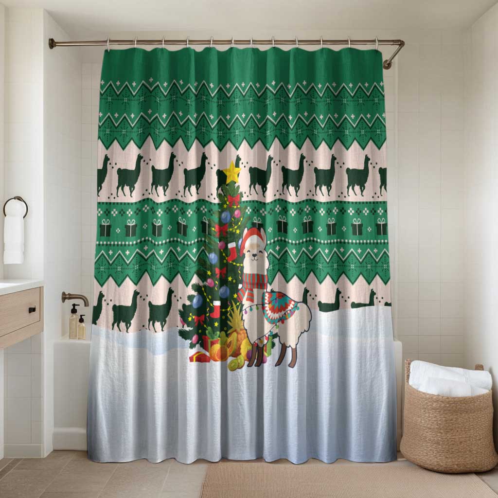 Llama Decorating Tree in Santa Hat Bathroom Set with Green Gift Pattern Design - Wonder Print Shop