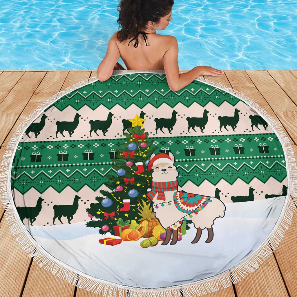 Llama Decorating Tree in Santa Hat Beach Blanket with Green Gift Pattern Design - Wonder Print Shop
