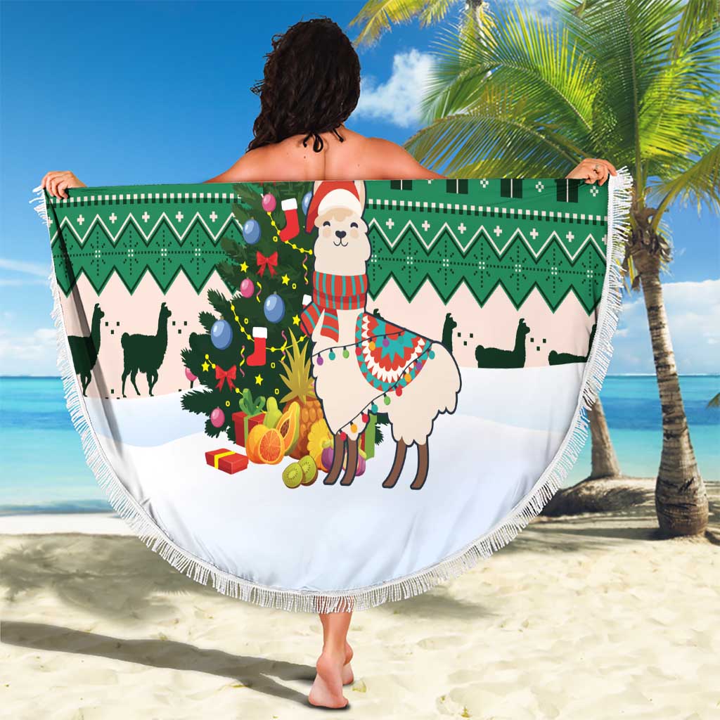 Llama Decorating Tree in Santa Hat Beach Blanket with Green Gift Pattern Design - Wonder Print Shop