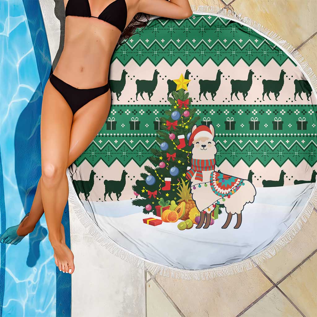 Llama Decorating Tree in Santa Hat Beach Blanket with Green Gift Pattern Design - Wonder Print Shop