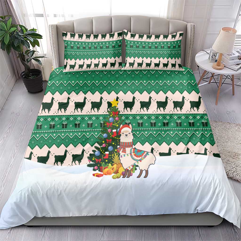 Llama Decorating Tree in Santa Hat Bedding Set with Green Gift Pattern Design - Wonder Print Shop