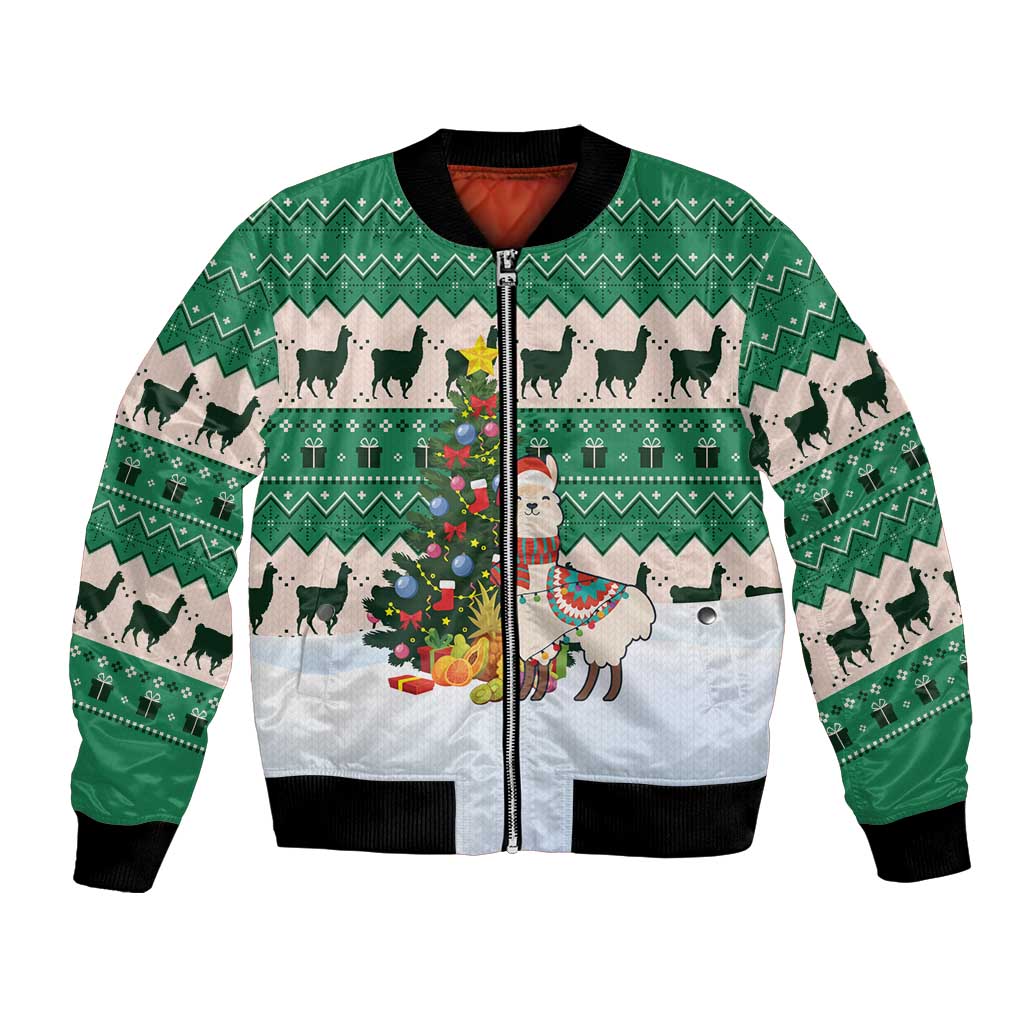 Llama Decorating Tree in Santa Hat Bomber Jacket with Green Gift Pattern Design - Wonder Print Shop