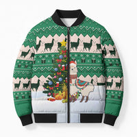 Llama Decorating Tree in Santa Hat Bomber Puffer Jacket with Green Gift Pattern Design - Wonder Print Shop