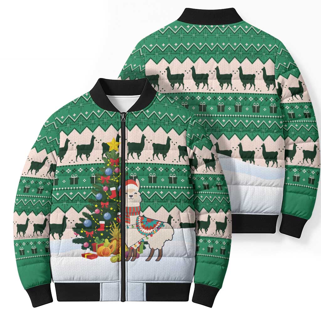 Llama Decorating Tree in Santa Hat Bomber Puffer Jacket with Green Gift Pattern Design - Wonder Print Shop