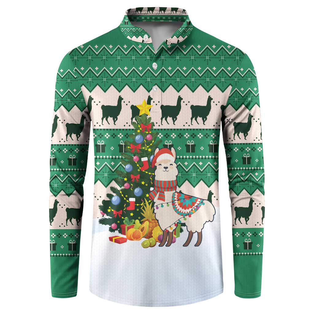 Llama Decorating Tree in Santa Hat Button Sweatshirt with Green Gift Pattern Design - Wonder Print Shop