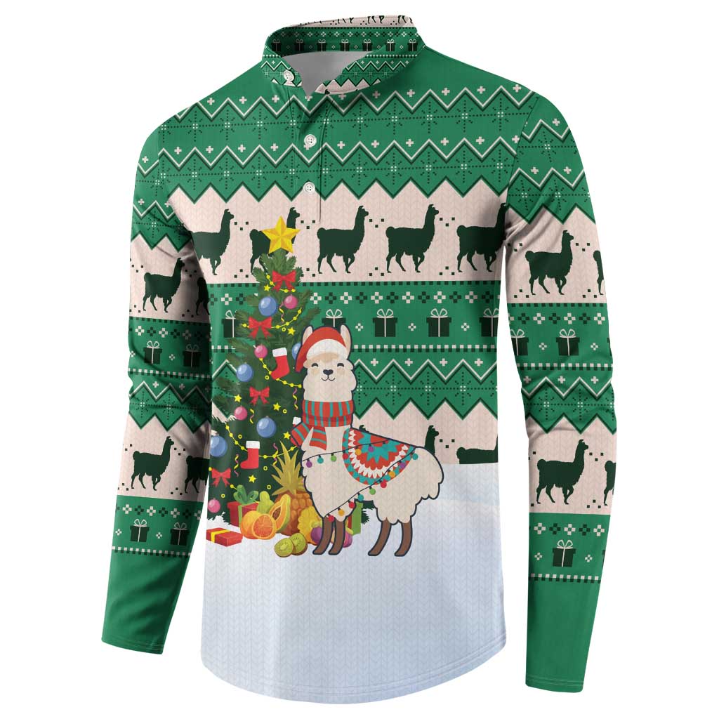 Llama Decorating Tree in Santa Hat Button Sweatshirt with Green Gift Pattern Design - Wonder Print Shop