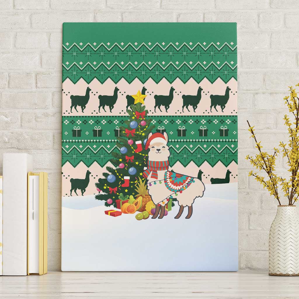 Llama Decorating Tree in Santa Hat Canvas Wall Art with Green Gift Pattern Design - Wonder Print Shop
