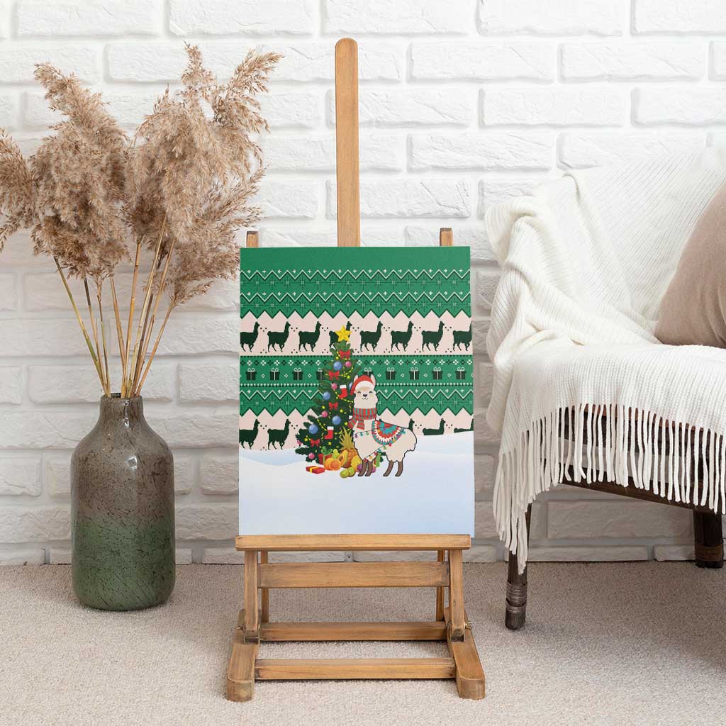 Llama Decorating Tree in Santa Hat Canvas Wall Art with Green Gift Pattern Design - Wonder Print Shop