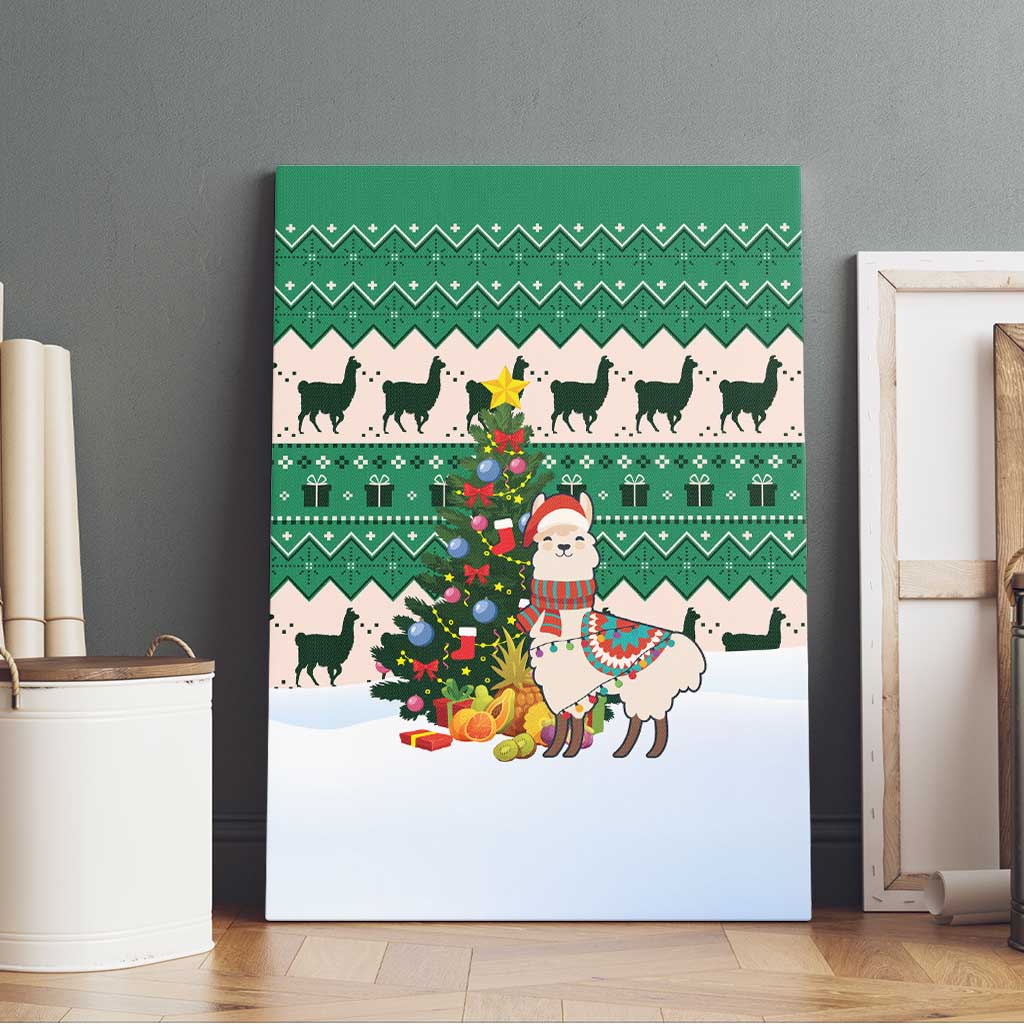 Llama Decorating Tree in Santa Hat Canvas Wall Art with Green Gift Pattern Design - Wonder Print Shop