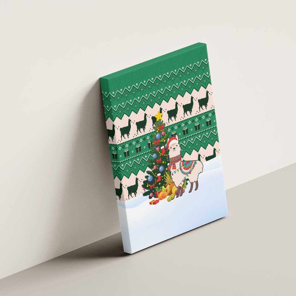 Llama Decorating Tree in Santa Hat Canvas Wall Art with Green Gift Pattern Design - Wonder Print Shop