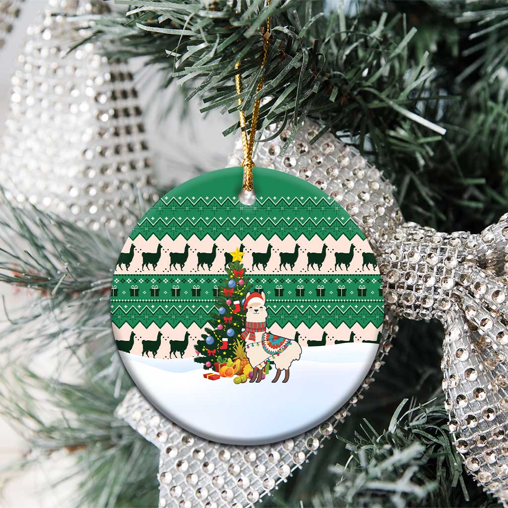 Llama Decorating Tree in Santa Hat Ceramic Ornament with Green Gift Pattern Design - Wonder Print Shop
